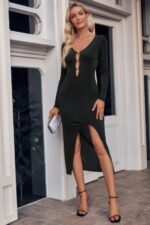 Cut Out V Neck Long Sleeves Slit Bodycon Dress