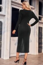 Cut Out V Neck Long Sleeves Slit Bodycon Dress - Image 2