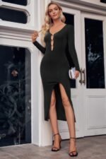 Cut Out V Neck Long Sleeves Slit Bodycon Dress - Image 3