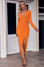 Cut Out V Neck Long Sleeves Slit Bodycon Dress - Image 6
