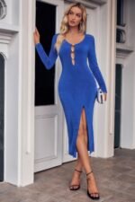 Cut Out V Neck Long Sleeves Slit Bodycon Dress - Image 8