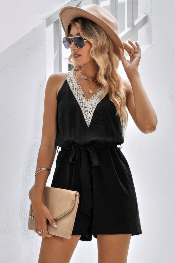 Lace trim v neck sleeveless tank romper - image 1