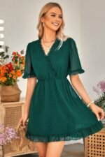 Solid Ruffle Hem Swiss Dot Short Sleeve Midi Dress - Image 2