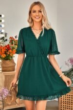 Solid Ruffle Hem Swiss Dot Short Sleeve Midi Dress - Image 3