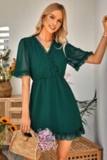 Solid Ruffle Hem Swiss Dot Short Sleeve Midi Dress - Image 6