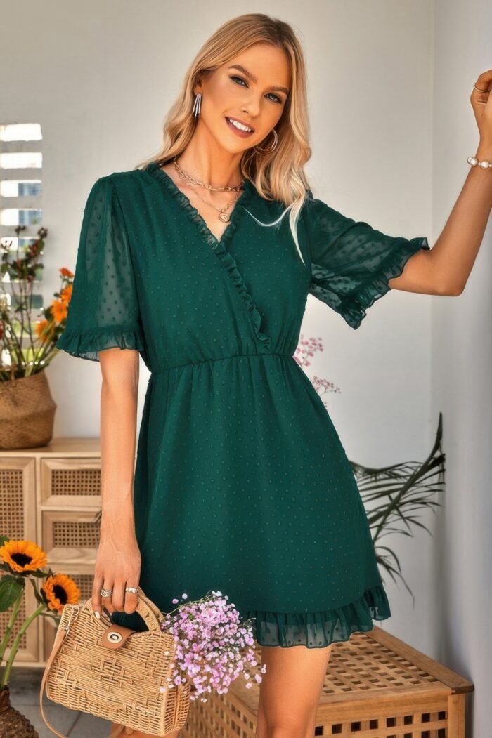 Solid ruffle hem swiss dot short sleeve midi dress - image 6