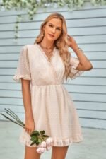 Solid Ruffle Hem Swiss Dot Short Sleeve Midi Dress - Image 7