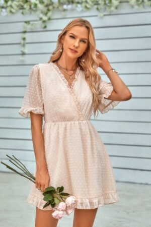 Solid Ruffle Hem Swiss Dot Short Sleeve Midi Dress Solid Ruffle Hem Swiss Dot Short Sleeve Midi Dress