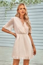 Solid Ruffle Hem Swiss Dot Short Sleeve Midi Dress - Image 9