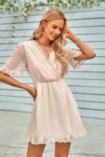 Solid Ruffle Hem Swiss Dot Short Sleeve Midi Dress - Image 10