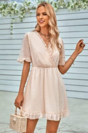Solid Ruffle Hem Swiss Dot Short Sleeve Midi Dress Solid Ruffle Hem Swiss Dot Short Sleeve Midi Dress