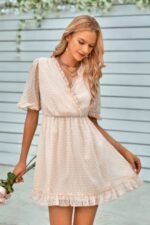 Solid Ruffle Hem Swiss Dot Short Sleeve Midi Dress - Image 12