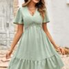 Swiss Dot Cutout Ruffle V Neck Puff Sleeve Dress