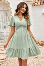 Swiss Dot Cutout Ruffle V Neck Puff Sleeve Dress