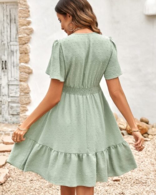 swiss dot cutout ruffle v neck puff sleeve dress