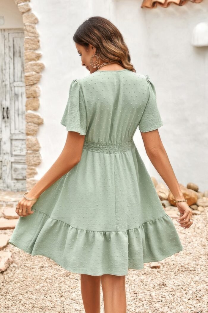 Swiss Dot Cutout Ruffle V Neck Puff Sleeve Dress - Image 2