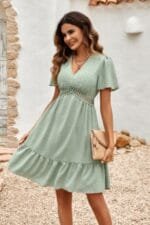Swiss Dot Cutout Ruffle V Neck Puff Sleeve Dress