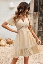 Swiss Dot Cutout Ruffle V Neck Puff Sleeve Dress
