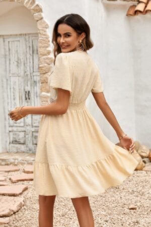 Swiss Dot Cutout Ruffle V Neck Puff Sleeve Dress Swiss Dot Cutout Ruffle V Neck Puff Sleeve Dress