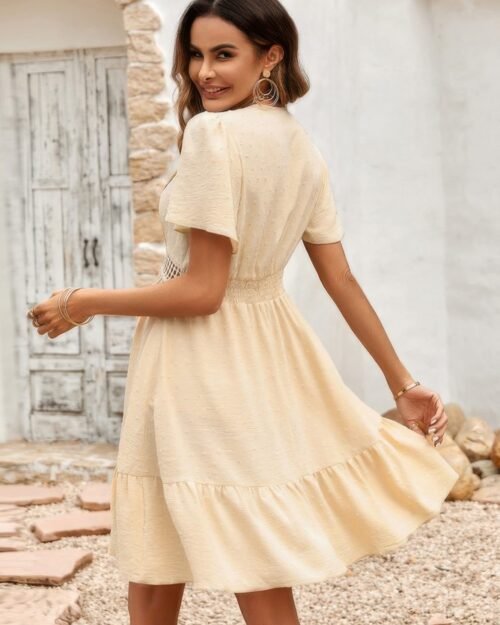 swiss dot cutout ruffle v neck puff sleeve dress