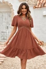 Swiss Dot Cutout Ruffle V Neck Puff Sleeve Dress