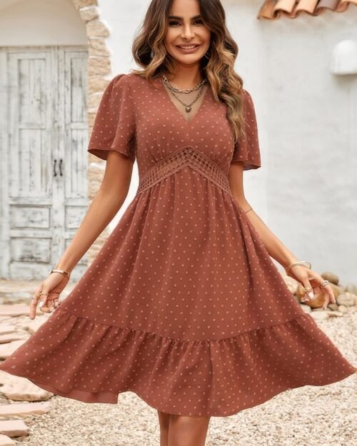 swiss dot cutout ruffle v neck puff sleeve dress