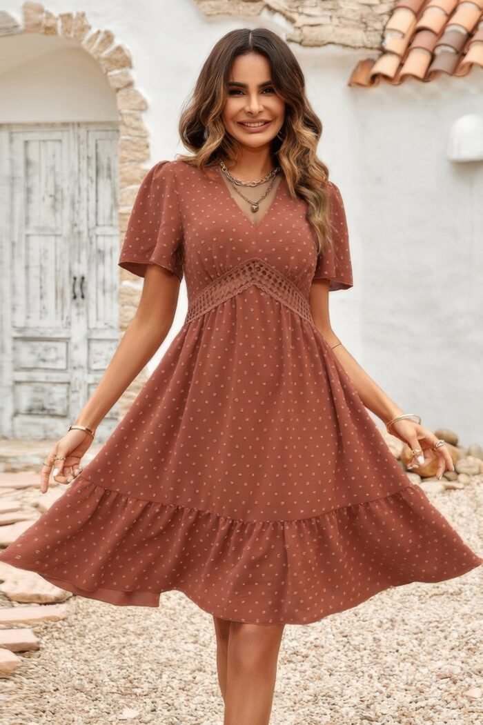 Swiss Dot Cutout Ruffle V Neck Puff Sleeve Dress - Image 10