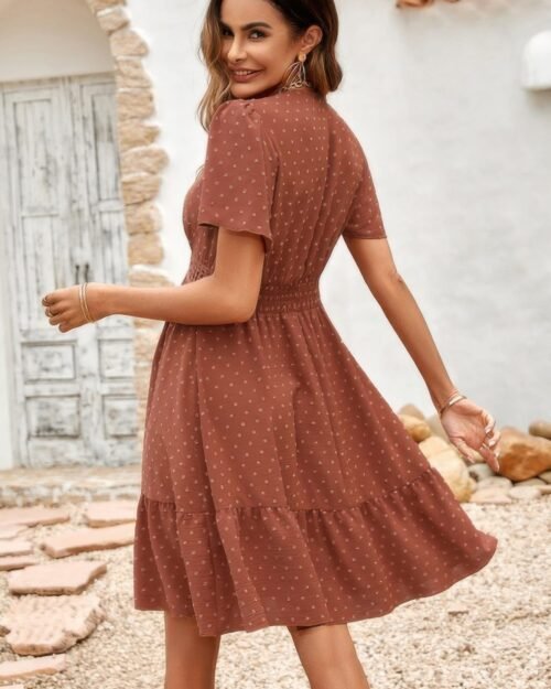 swiss dot cutout ruffle v neck puff sleeve dress