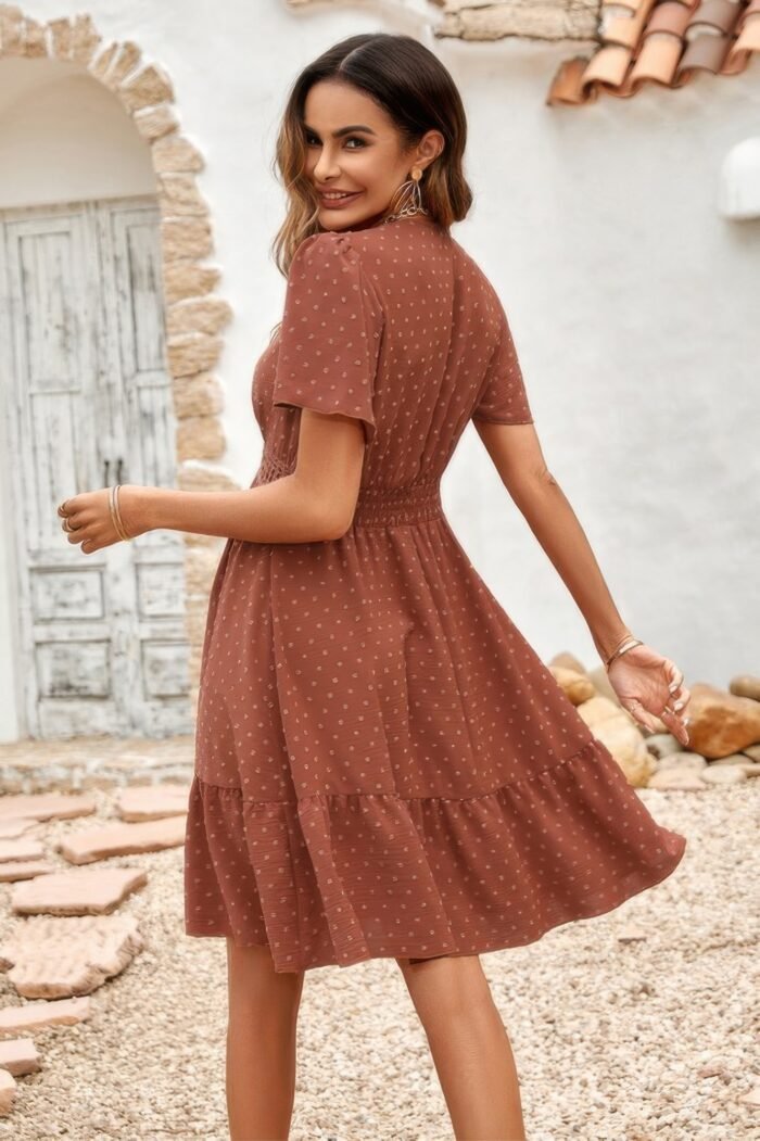 Swiss Dot Cutout Ruffle V Neck Puff Sleeve Dress - Image 11
