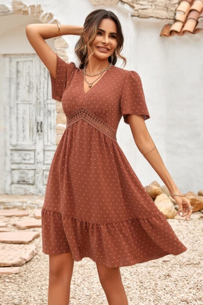 Swiss Dot Cutout Ruffle V Neck Puff Sleeve Dress - Image 12