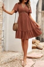 Swiss Dot Cutout Ruffle V Neck Puff Sleeve Dress