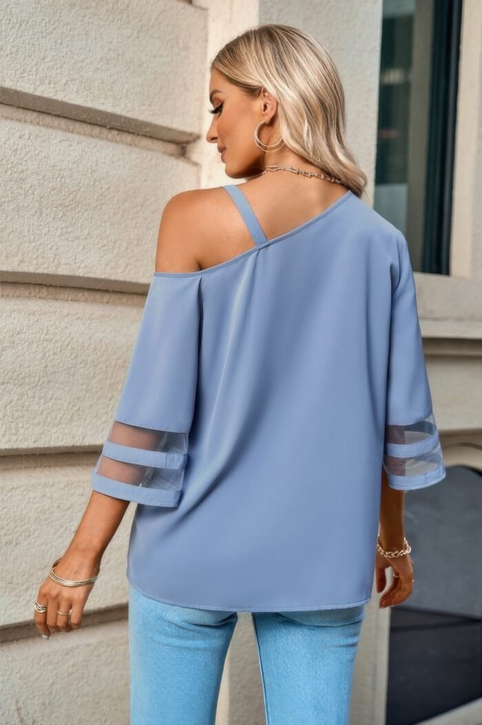 One Shoulder Lace Bell Sleeve Loose Tunic Shirt - Image 2
