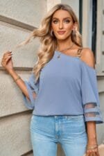 One Shoulder Lace Bell Sleeve Loose Tunic Shirt
