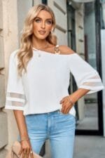 One Shoulder Lace Bell Sleeve Loose Tunic Shirt