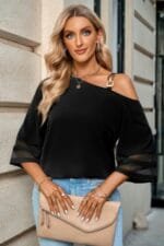 One Shoulder Lace Bell Sleeve Loose Tunic Shirt