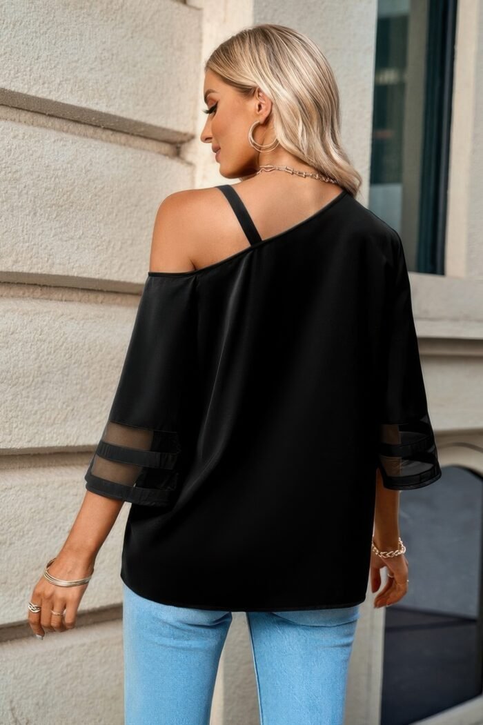 One Shoulder Lace Bell Sleeve Loose Tunic Shirt - Image 12