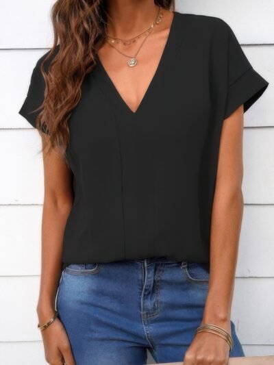Solid V Neck Short Sleeve Loose Fit Shirt