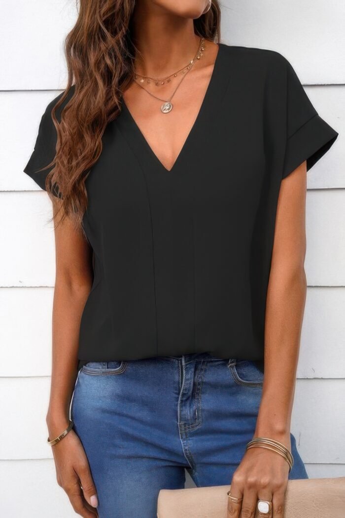 Solid v neck short sleeve loose fit shirt - image 1