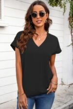 Solid V Neck Short Sleeve Loose Fit Shirt - Image 2