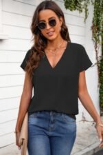 Solid V Neck Short Sleeve Loose Fit Shirt - Image 3