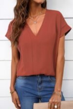 Solid V Neck Short Sleeve Loose Fit Shirt - Image 4