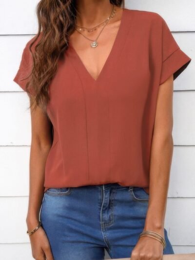 Solid V Neck Short Sleeve Loose Fit Shirt Solid V Neck Short Sleeve Loose Fit Shirt