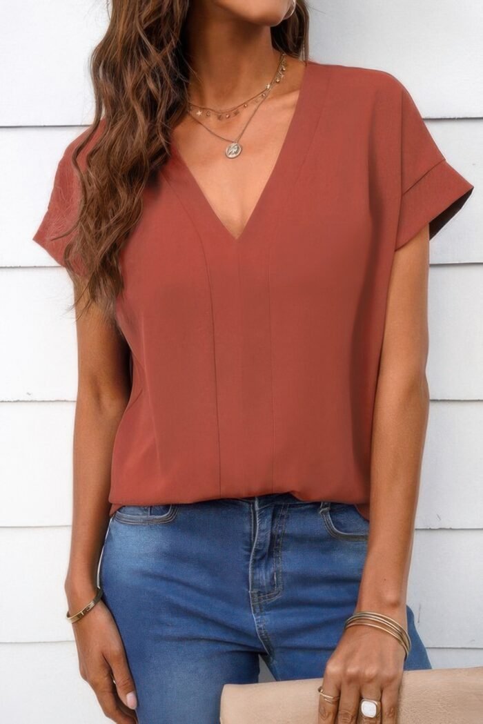 Solid v neck short sleeve loose fit shirt - image 4