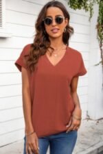 Solid V Neck Short Sleeve Loose Fit Shirt - Image 5
