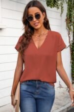 Solid V Neck Short Sleeve Loose Fit Shirt - Image 6