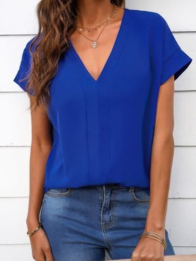 Solid V Neck Short Sleeve Loose Fit Shirt Solid V Neck Short Sleeve Loose Fit Shirt