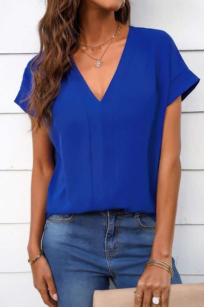 Solid v neck short sleeve loose fit shirt - image 7