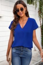 Solid V Neck Short Sleeve Loose Fit Shirt - Image 8
