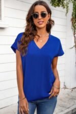 Solid V Neck Short Sleeve Loose Fit Shirt - Image 9