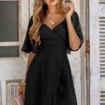 V Neck Bell Sleeves Ruffle Elastic Waist Wrap Dress